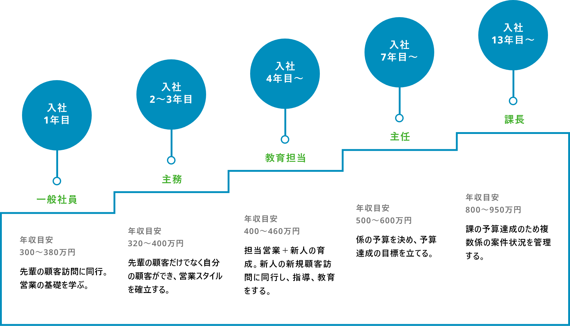 入社1年目 一般社員 年収目安 300〜380万円 先輩の顧客訪問に同行。営業の基礎を学ぶ。入社2〜3年目 主務 年収目安320〜400万円 先輩の顧客だけでなく自分の顧客ができ、営業スタイルを確立する。入社4年目〜 教育担当 年収目安400〜460万円 担当営業＋新人の育成。新人の新規顧客訪問に同行し、指導、教育をする。入社7年目〜 主任 年収目安500〜600万円 係の予算を決め、予算達成の目標を立てる。入社13年目〜 課長 年収目安800〜950万円 課の予算達成のため複数係の案件状況を管理する。
