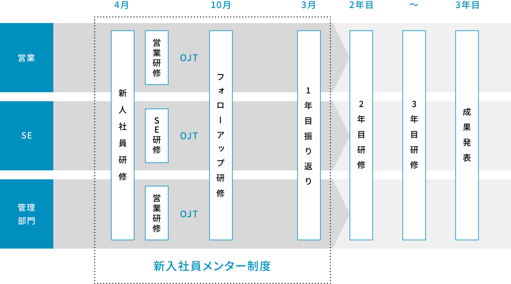 営業 SE 管理部門 4月 新人社員研修 営業研修 SE研修 OJT 10月 フォローアップ研修 3月 1年目振り返り 2年目 2年目研修 2年目〜3年目 3年目研修 3年目 研修論文 成果発表 新入社員メンター制度